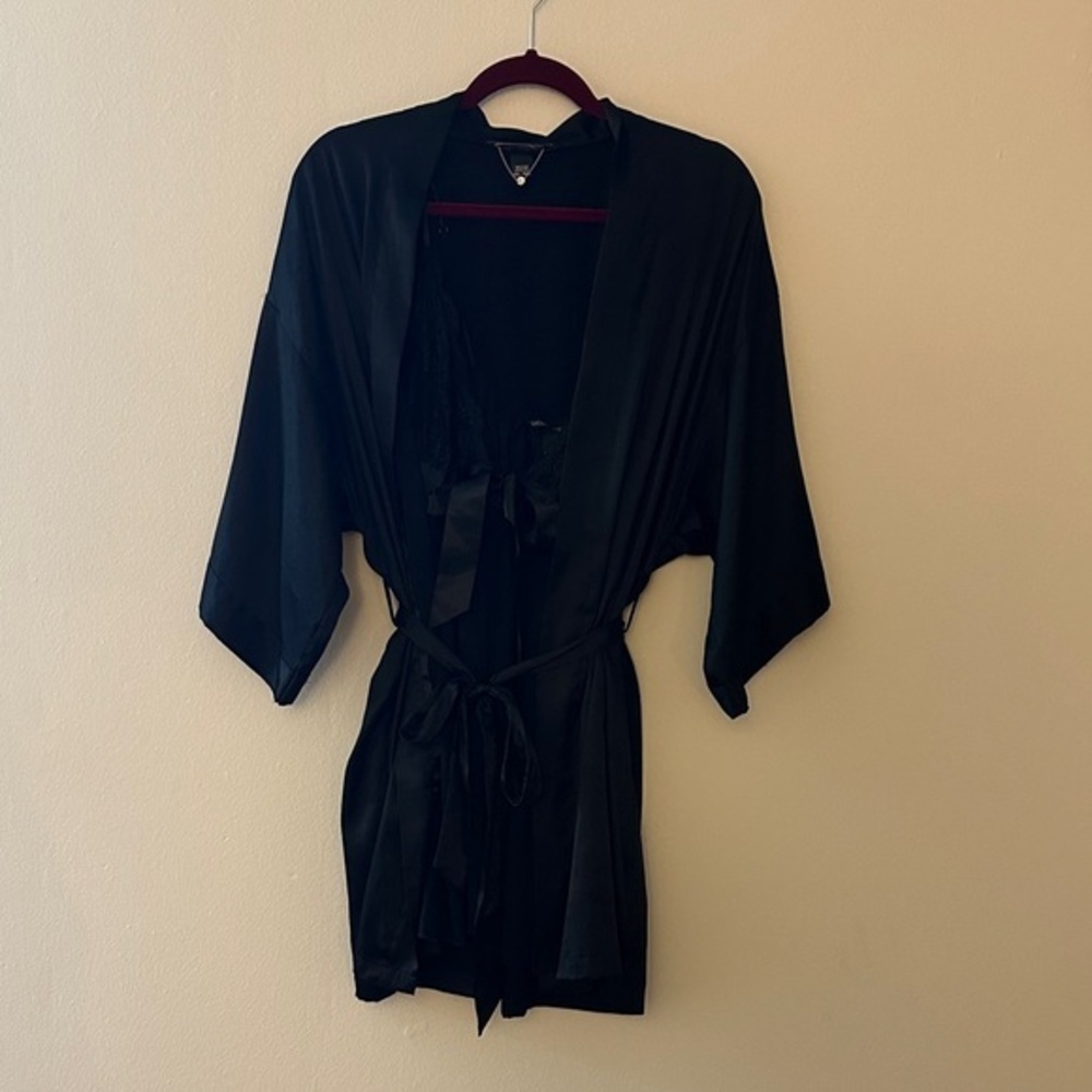 Victoria's Secret Black Satin Robe and Sheer Lace Bow Baby Doll Set